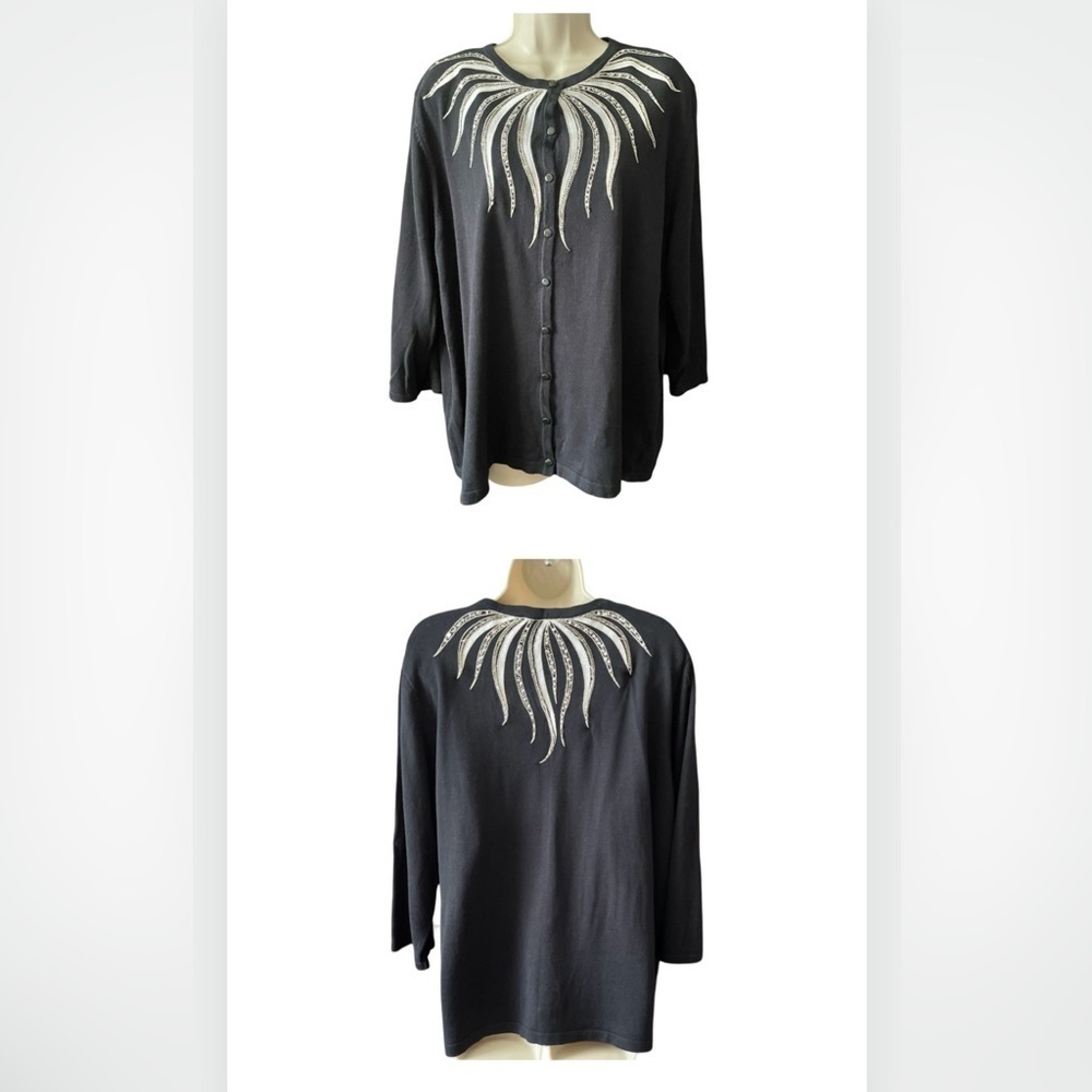 Bob Mackie Wearable Art Cardigan Sweater Sz 2X Black Embellished 3/4 Sleeve Knit